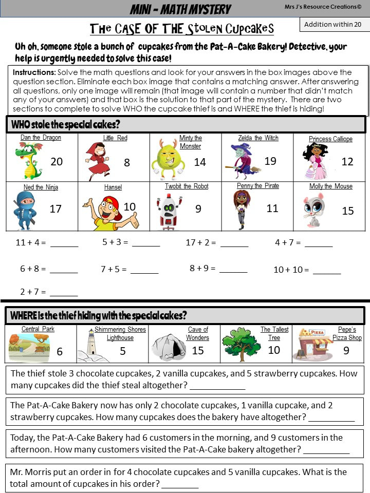 Free Mini-Math Mystery for 1st Grade - Addition Worksheet Game